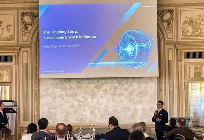Andy Zhou, CEO of Linglong Tire, delivers a presentation at WBCSD