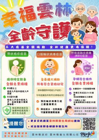 口服輪狀病毒、呼吸道融合病毒及帶狀疱疹疫苗即日起免費接種訊息
